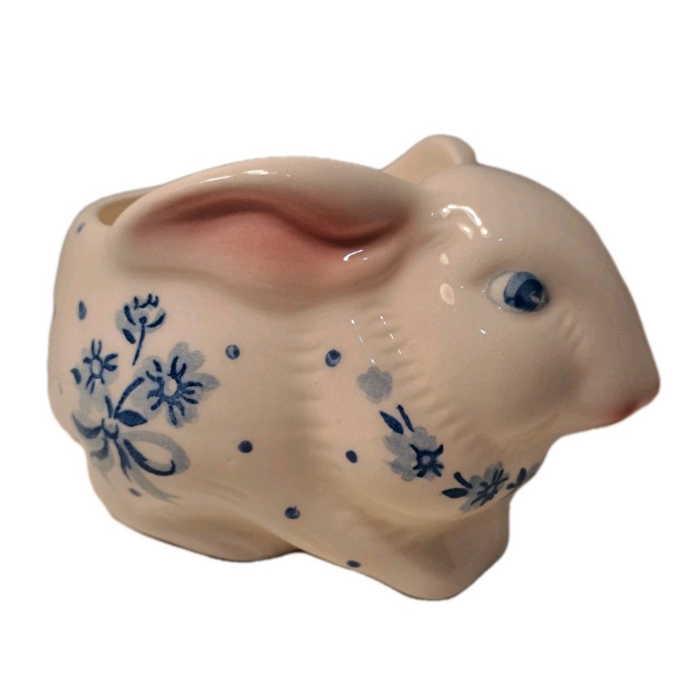 Vintage Avon Country Bunny Rabbit Planter w/ Blue Floral Pattern Made In Brazil